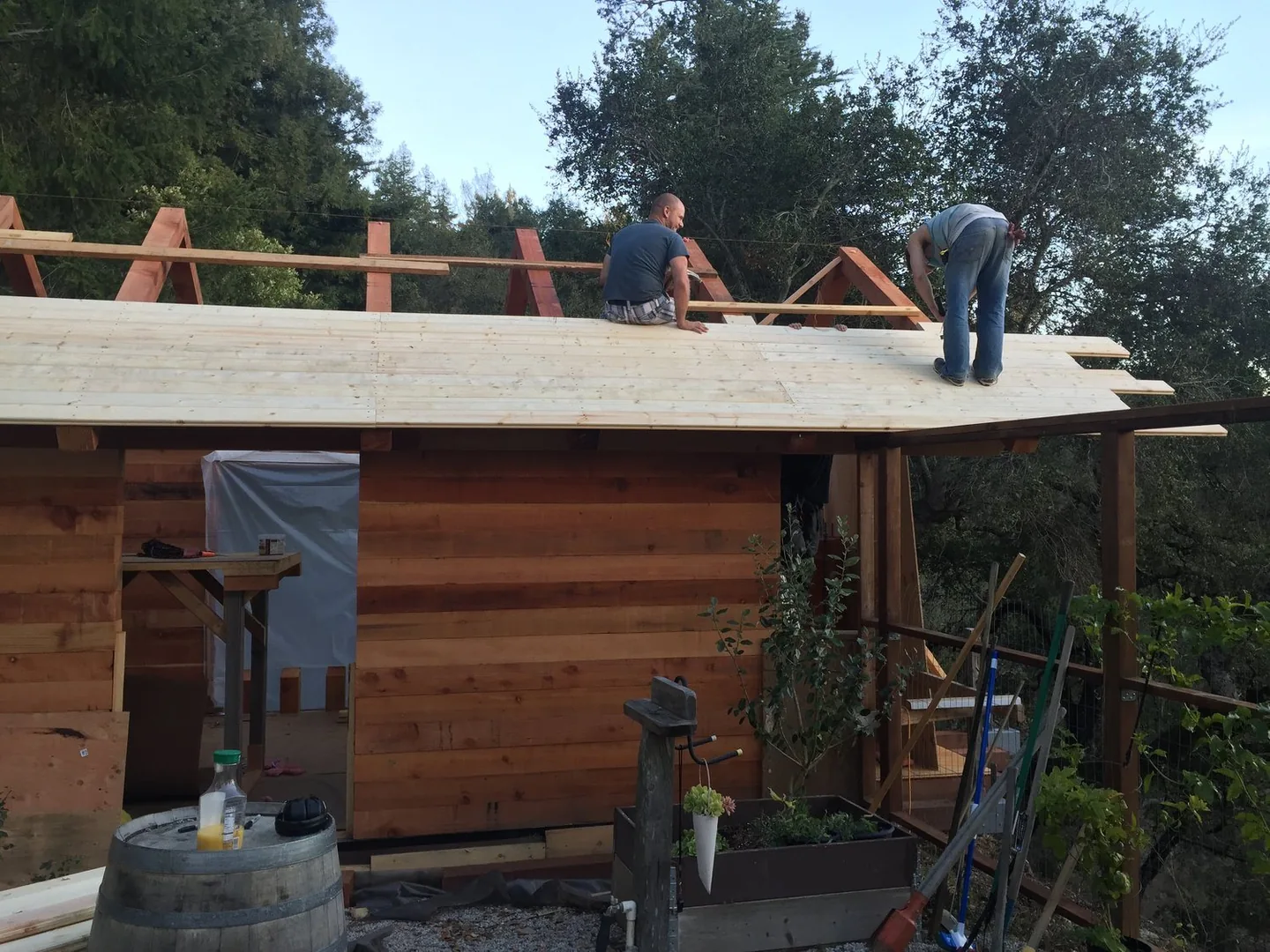 The crew setting the roof on the Falcon's Nest