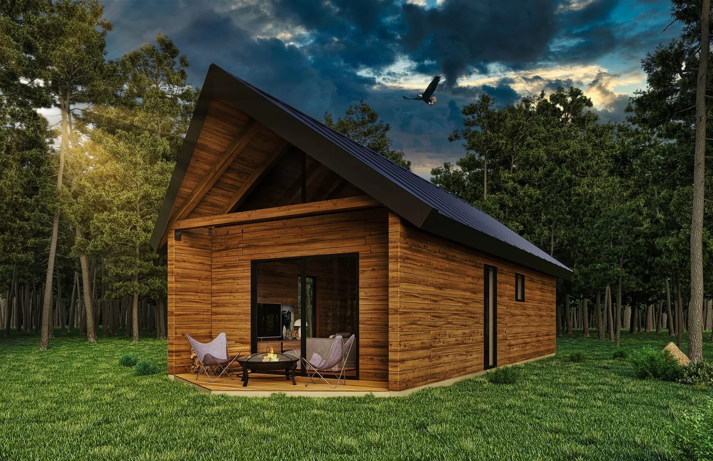 Rendering of a RedRider timber cabin with a wood deck, set among redwoods