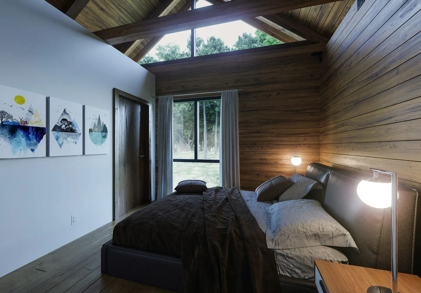 Rendering of a bedroom with solid wood walls, a white drywall partition, clerestory windows and a view of the forest