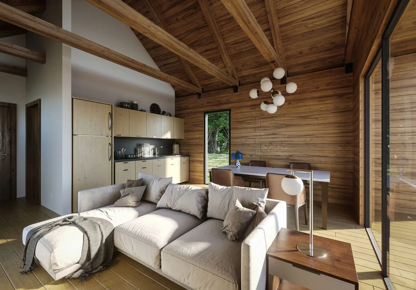 Rendering of an open living, kitchen and dining room with solid wood walls, exposed roof trusses and a glass door
