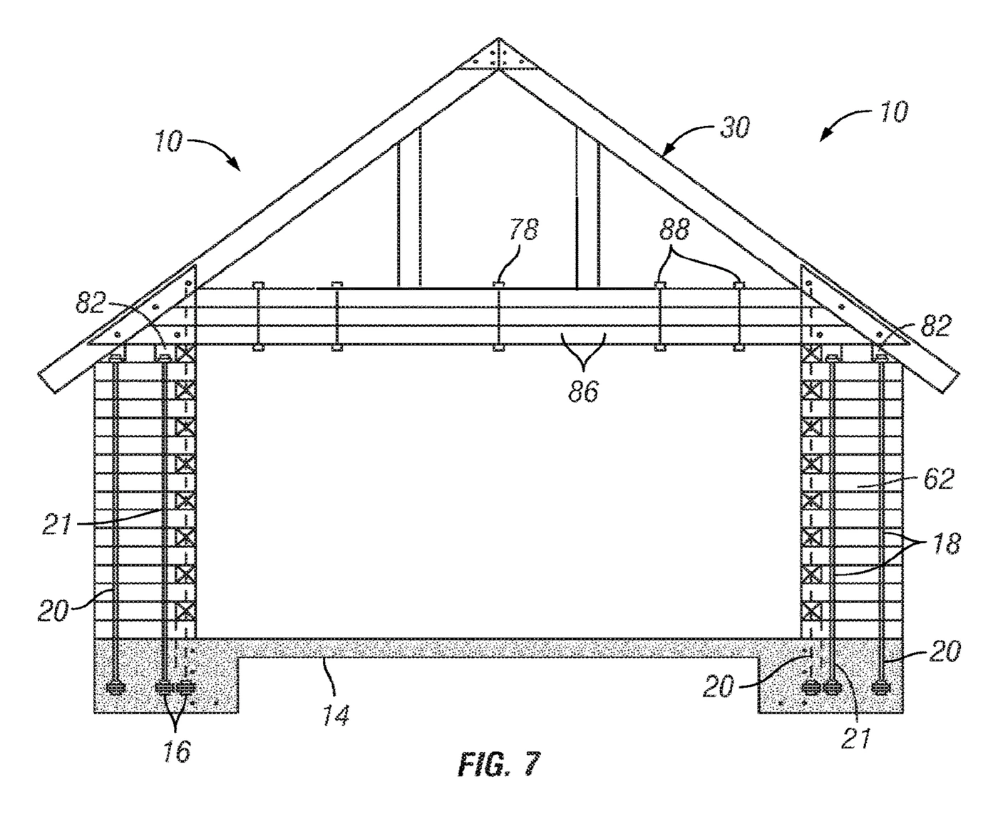Patent drawing FIG. 7: cutaway side view of a cabin with threaded rods anchored in the concrete foundation, running up through the stacked wall beams to the roof