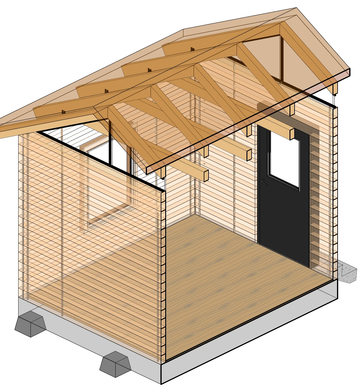 Cutaway drawing of the 120 sq ft Basic Cabin: one room with solid stacked-beam walls, a door, a window and an exposed truss roof on pier blocks