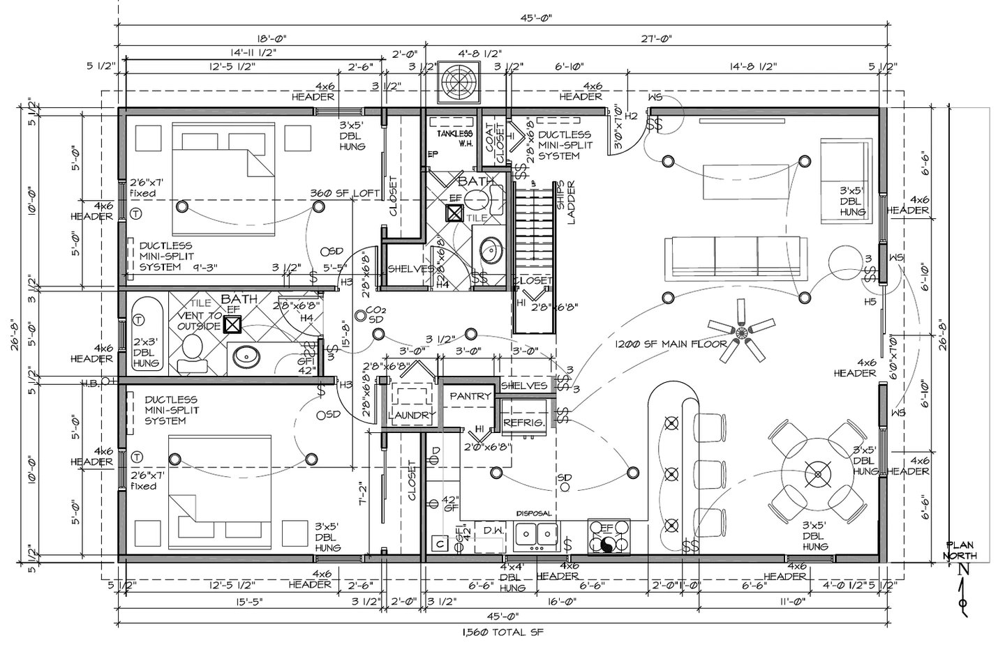 Floor plan of the 1,200 sq ft two-bedroom: two bedrooms and two baths on one side, laundry and pantry in the middle, and an open great room with an island kitchen and dining area