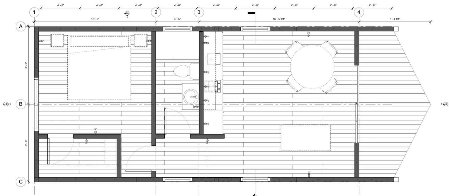 Floor plan of the 640 sq ft one-bedroom: a bedroom at one end, a bathroom and kitchen wall in the middle, and an open living and dining room at the other end